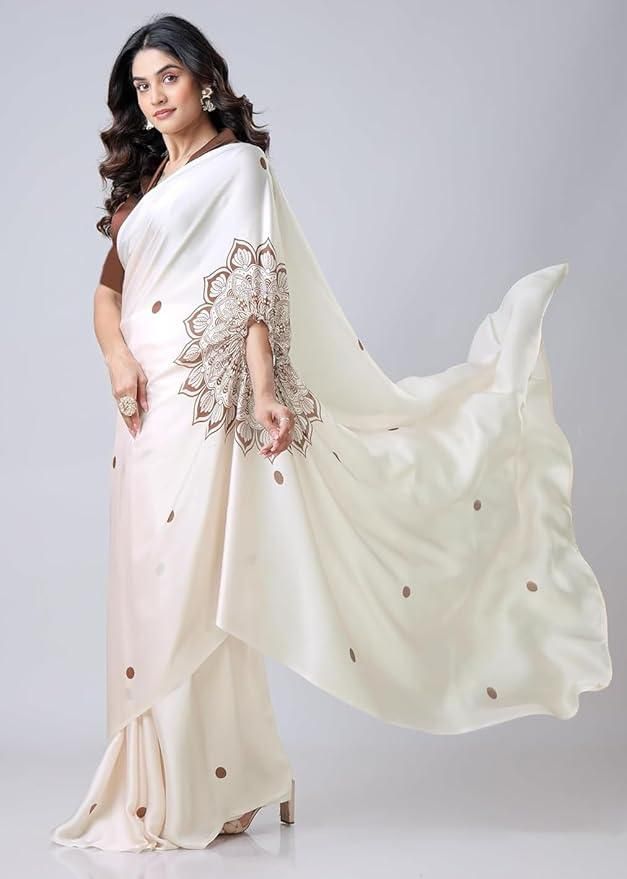 Satin Silk Printed Kaftan Saree | Includes Unstitched Blouse – Elegant & Flowing